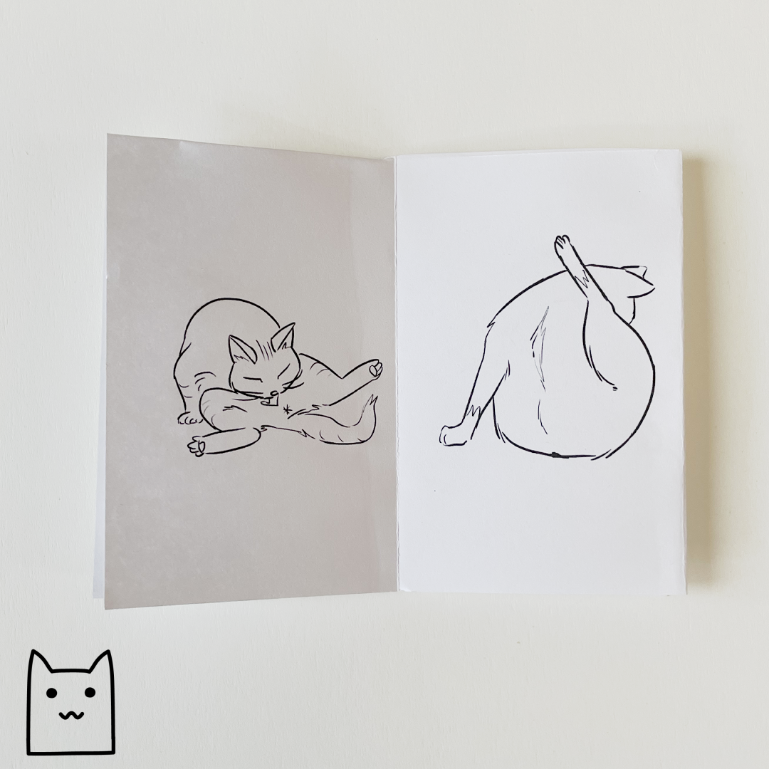 A photo showing the interior pages of Cat Butts, featuring two illustrations of cats licking their unmentionables.