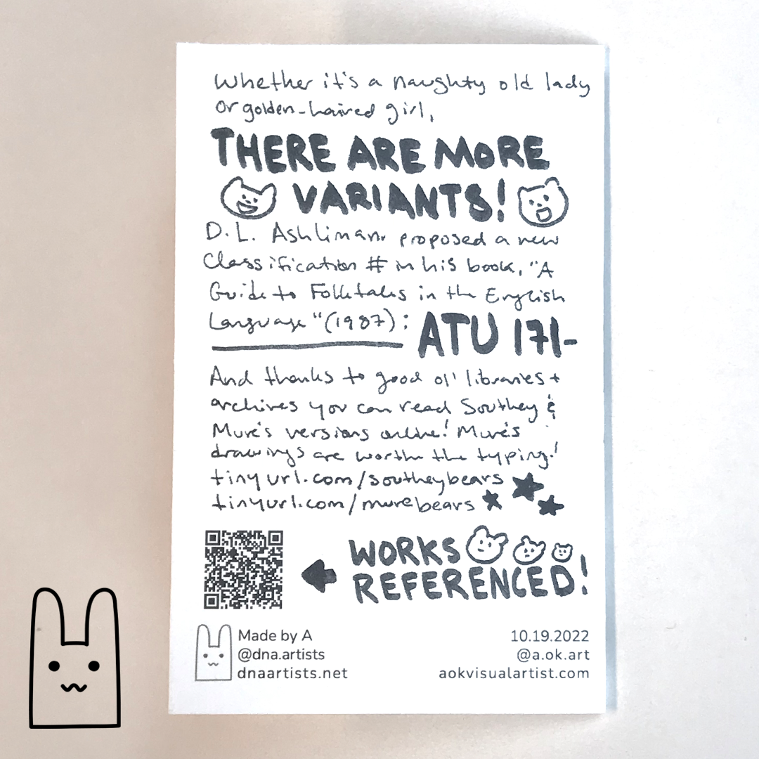 A photo of the back cover of FYI Fairy Tales, Volume 2: Goldilocks, a zine by Alex O'Keefe
