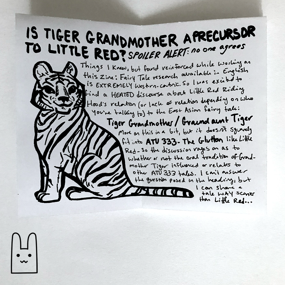 A photo of the inside of FYI Fairy Tales, Volume 3: Tiger Grandmother, a zine by Alex O'Keefe
