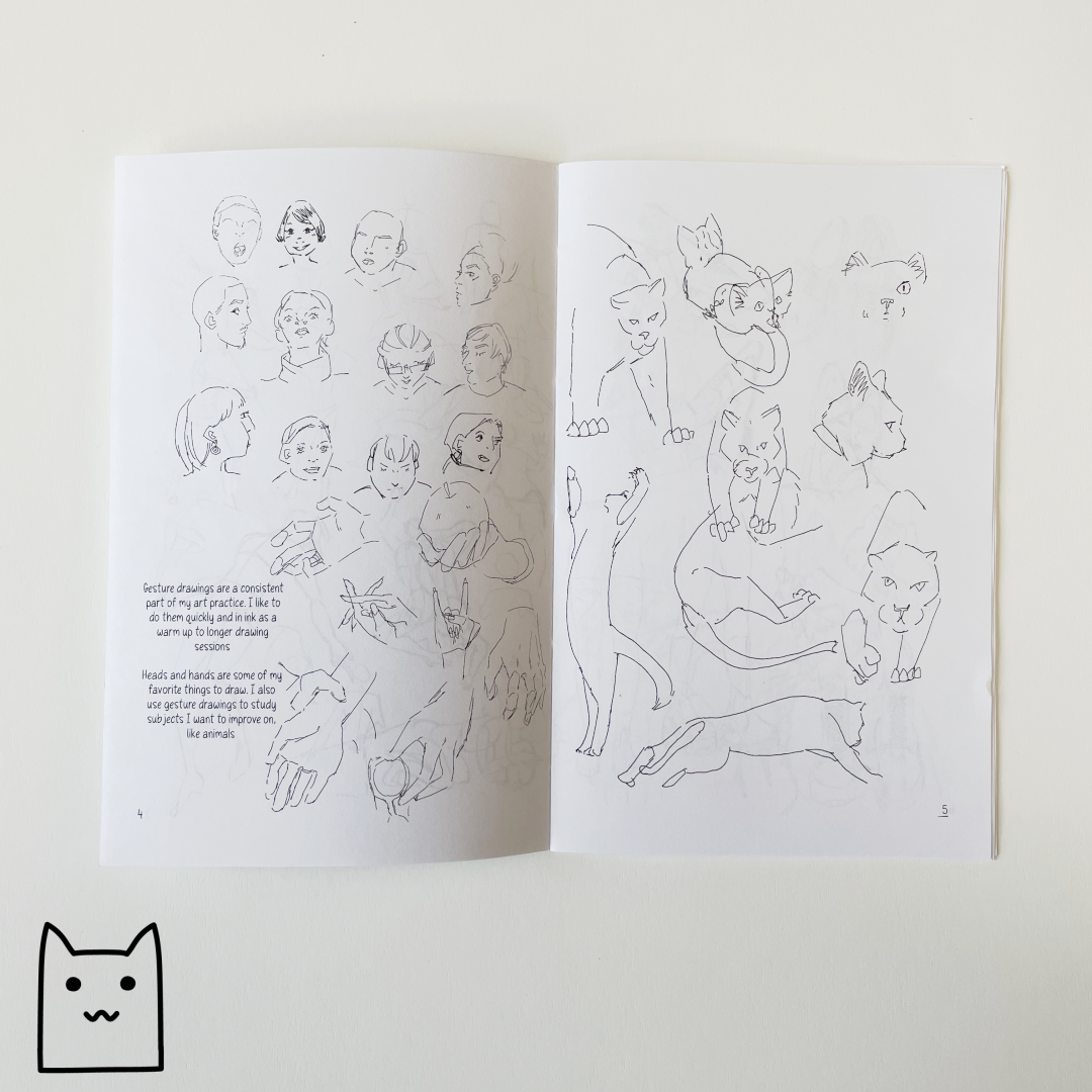 A photo showing some of the pages of the sketchbook filled with drawings and explanatory text.