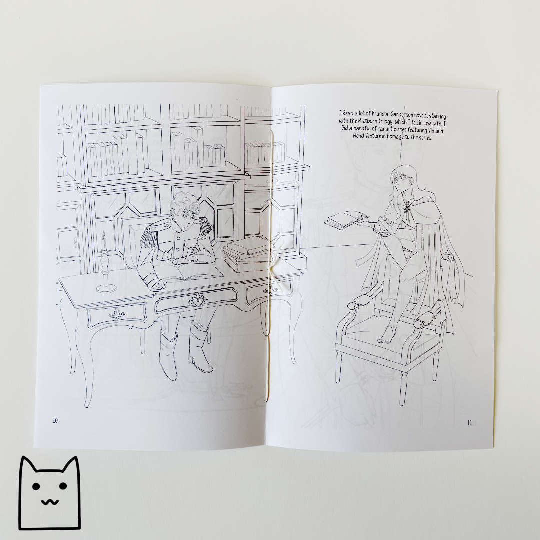 A photo showing one of the previously unpublished illustrations featured in the zine, and also showing the hand stitched binding.