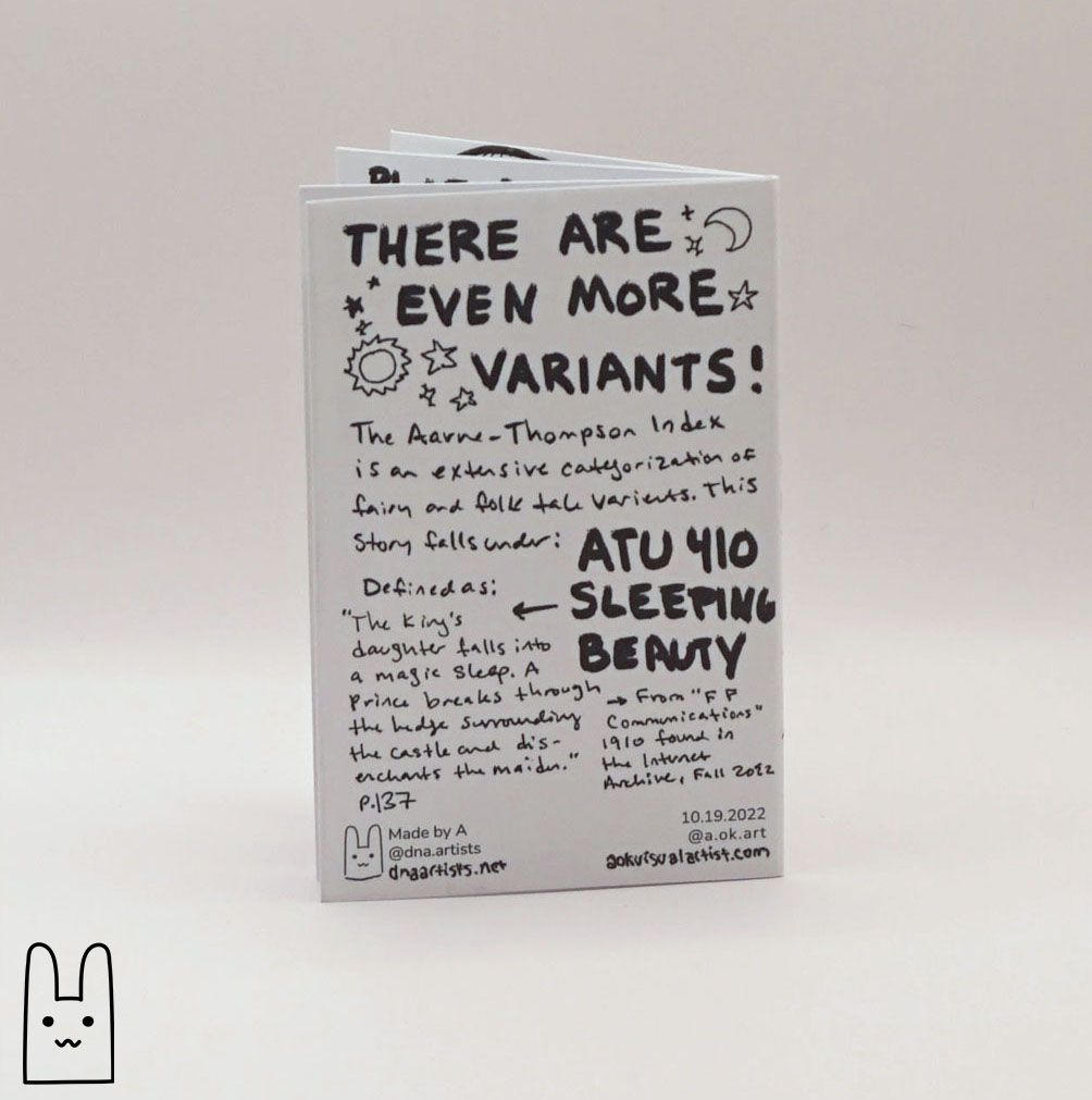 A photo of the back cover of FYI Fairy Tales, Volume 1: Sleeping Beauty, a zine by Alex O'Keefe