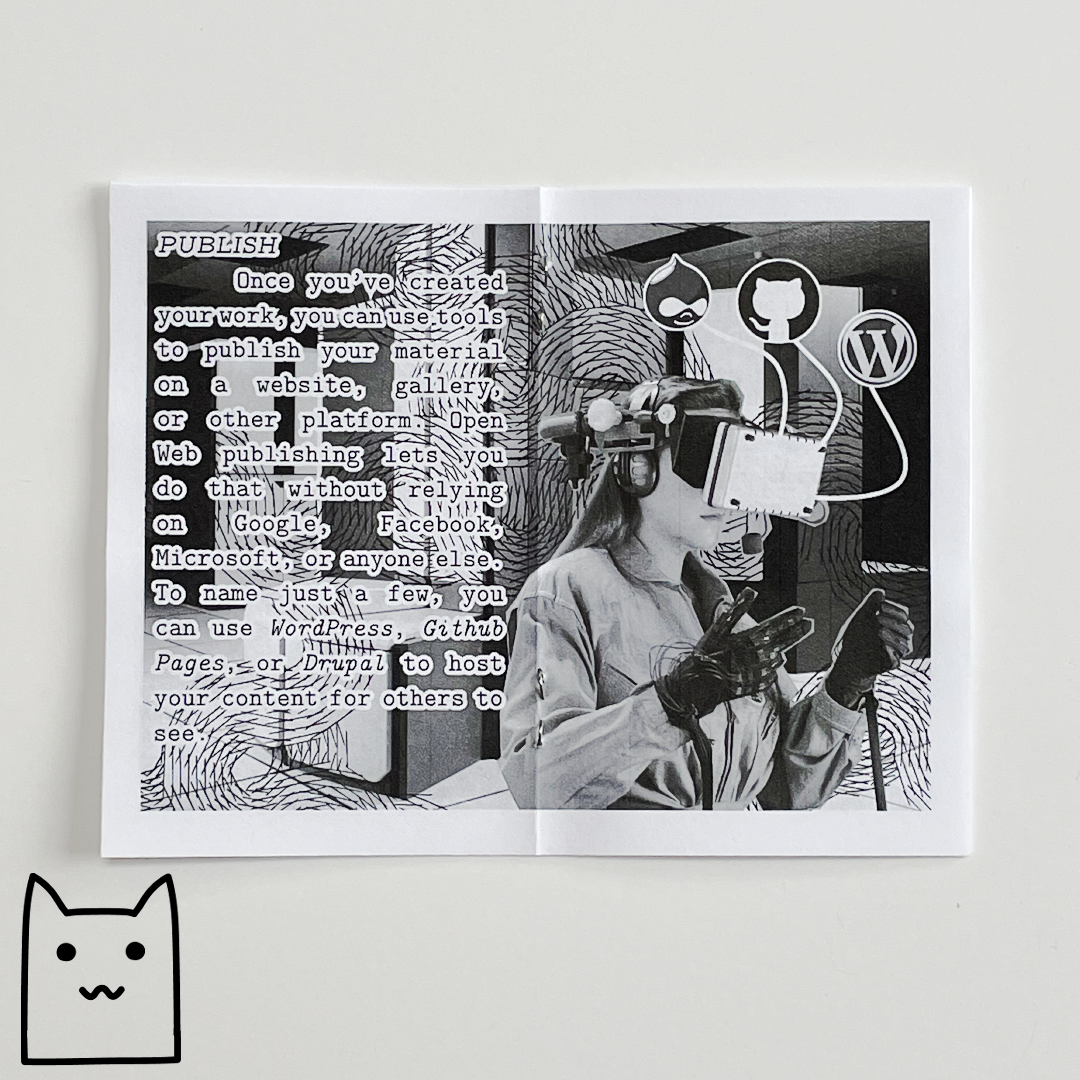 A photo showing some of the pages of the zine, featuring typewriter style fonts and black and white photography collages.